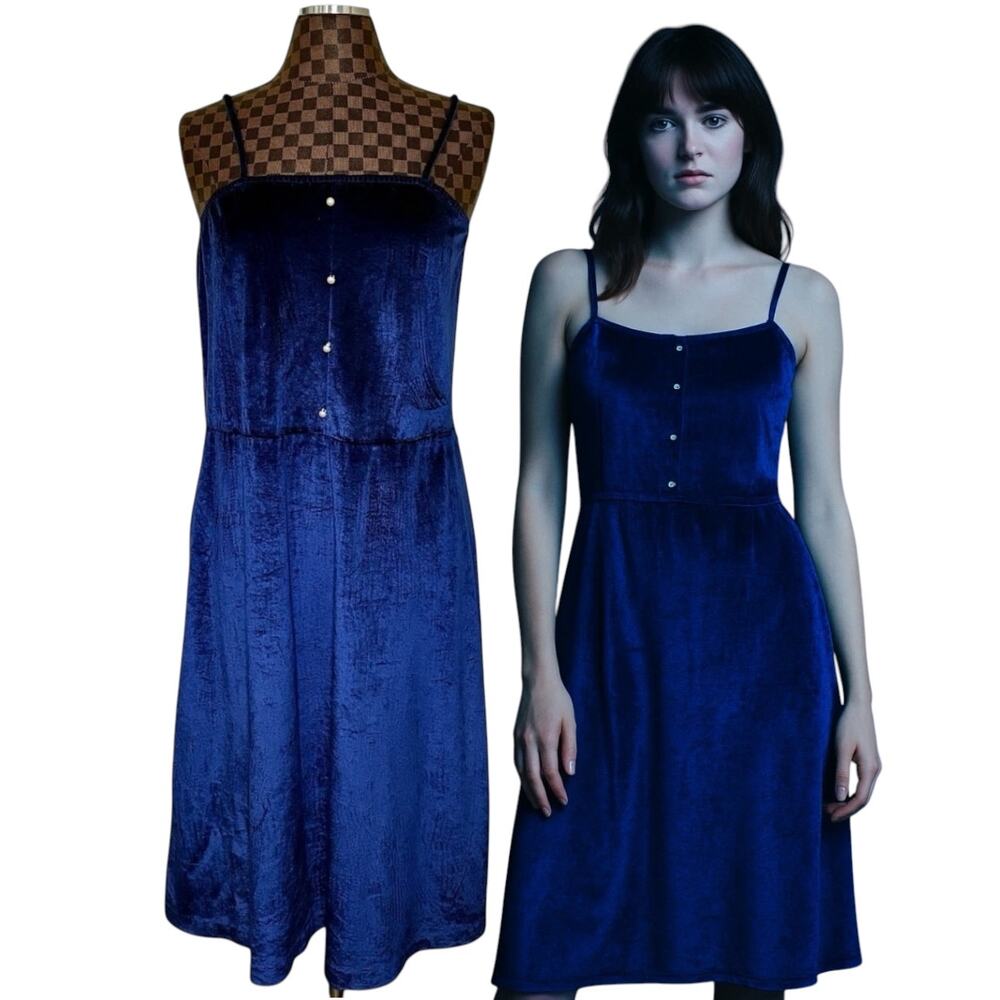 Y2K Blue Crushed Velvet Slip Dress Spaghetti Strap Midi Grunge Party Size Small
